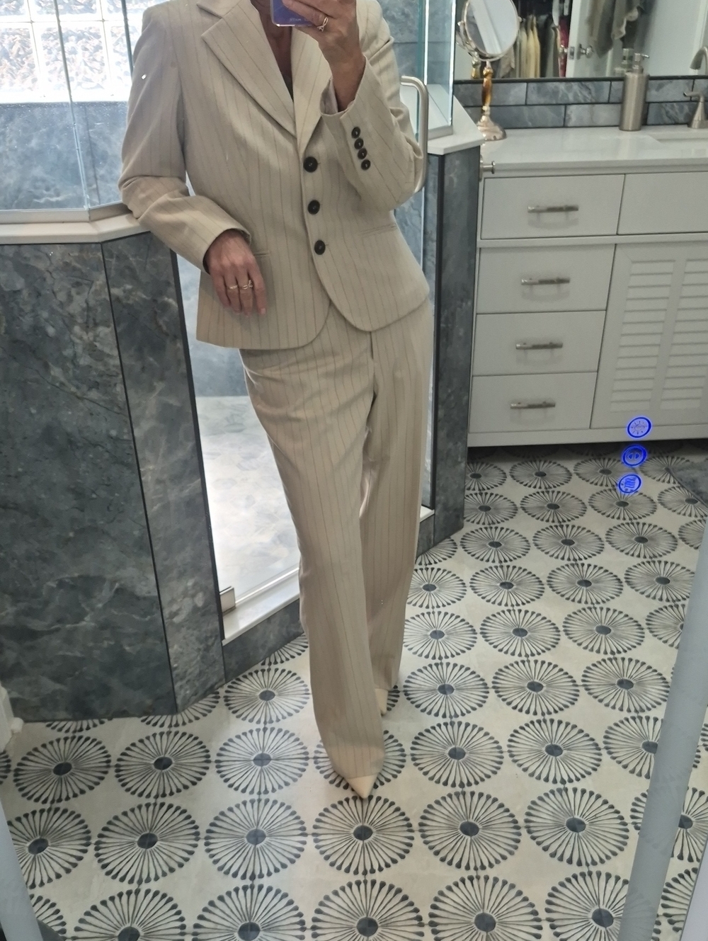 East 5th Taupe Pinstripe Women's Blazer and Trouser Suit